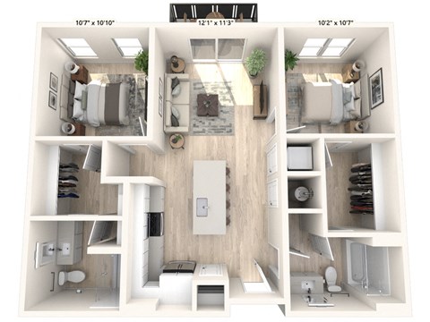 Floor plan for 2 beds, 2 baths, 971 sqft